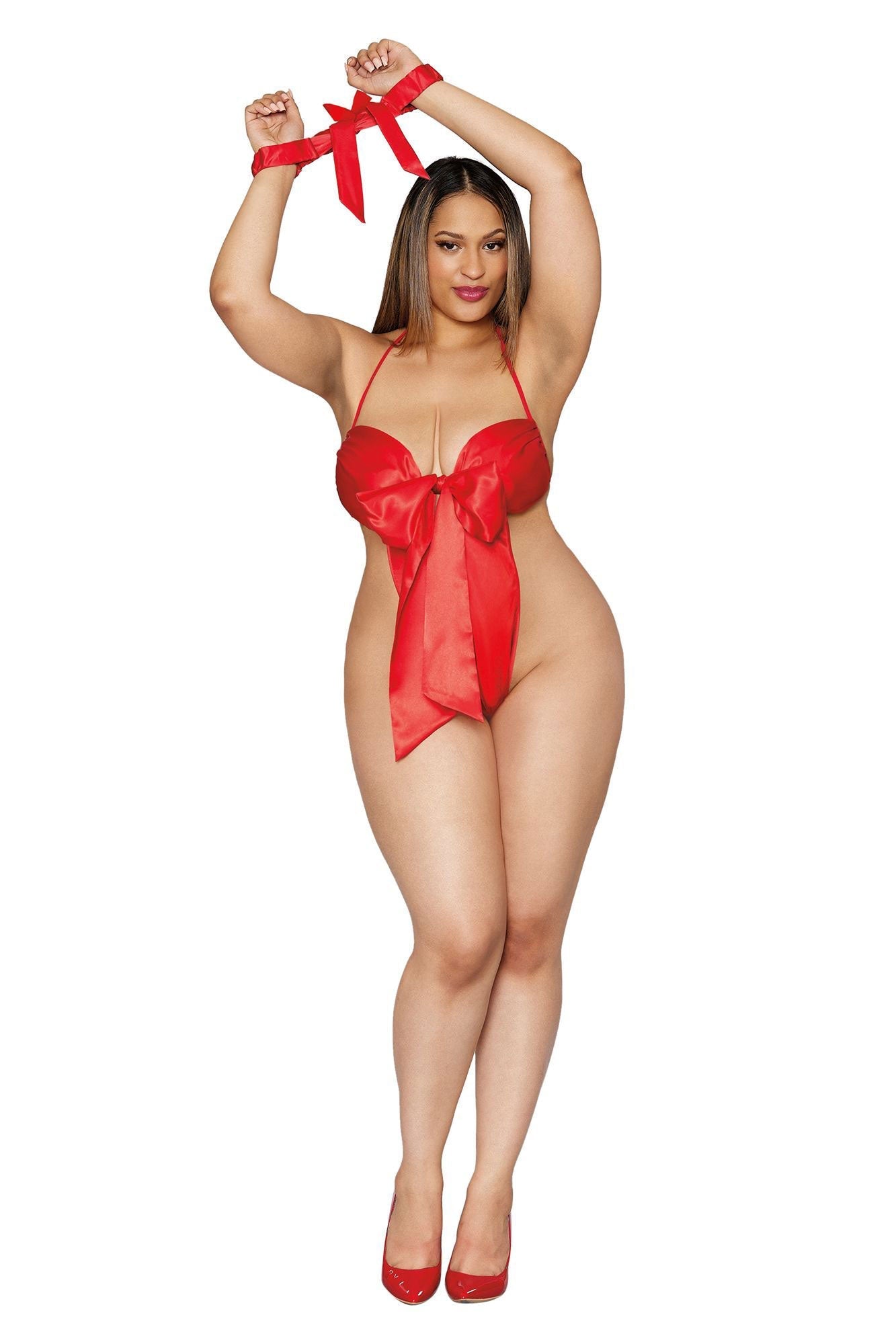 Bow Tie Teddy With Restraint - Lipstick Red Queen Size