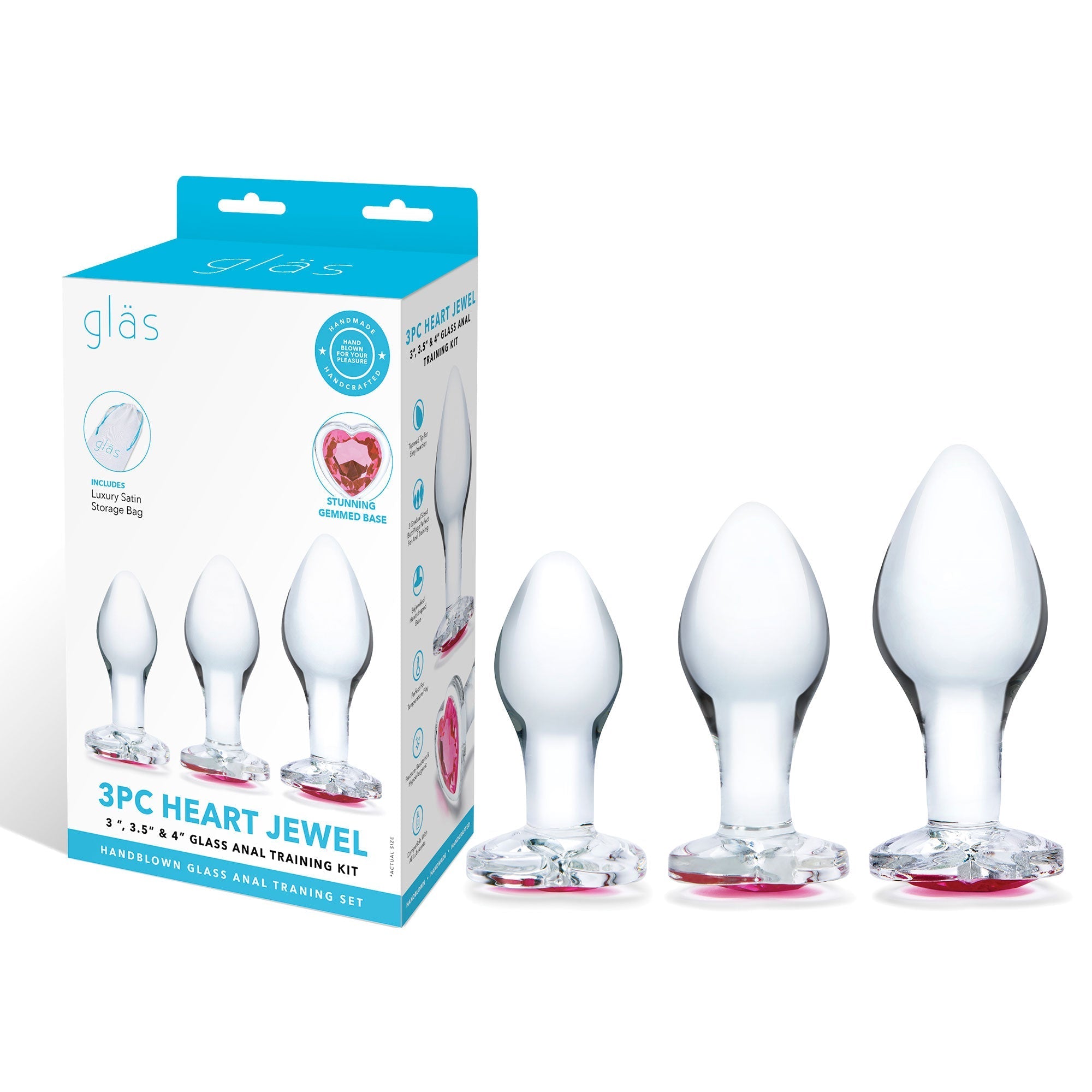 Glas 3 Pc Heart Jewel Glass Anal Training Kit