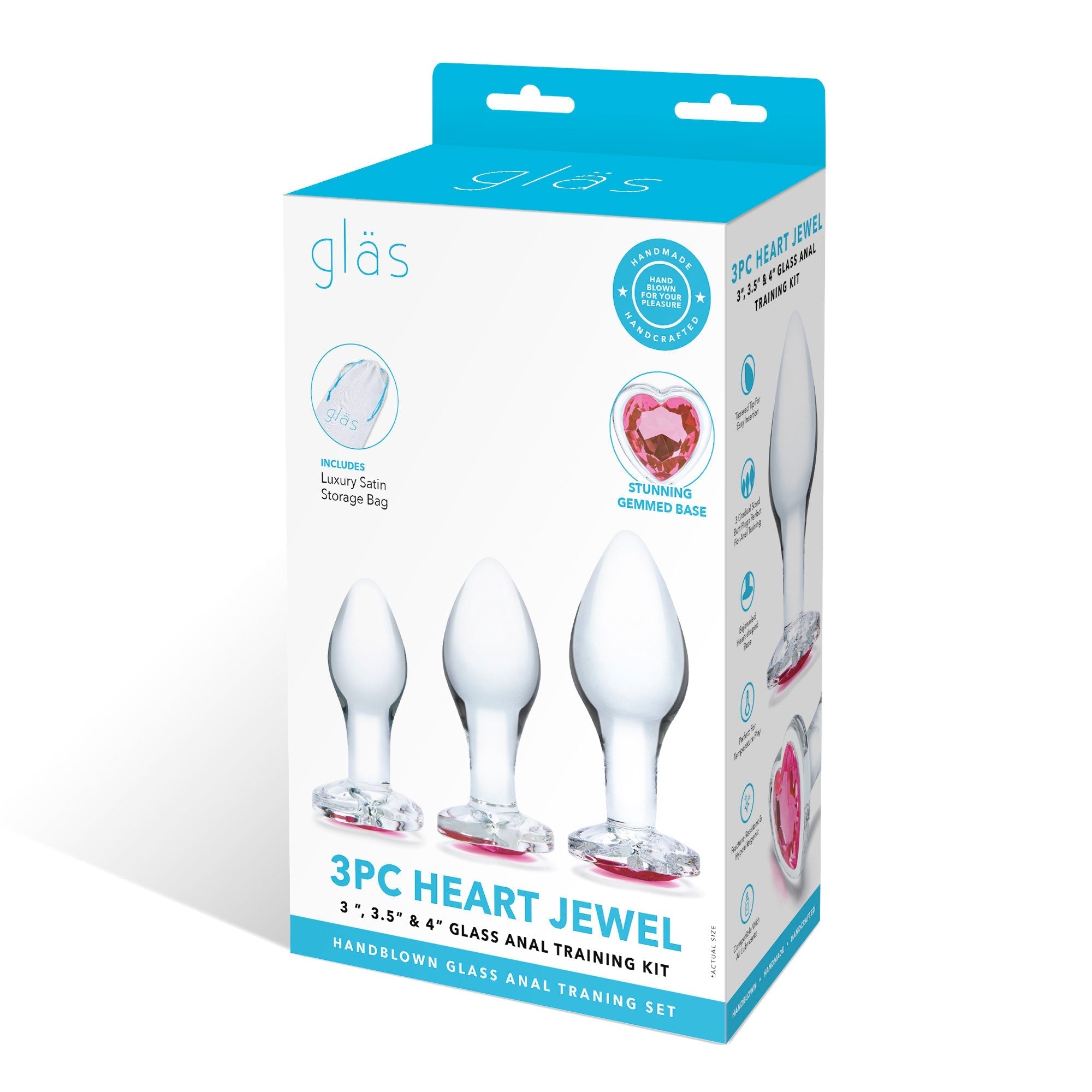 Glas 3 Pc Heart Jewel Glass Anal Training Kit