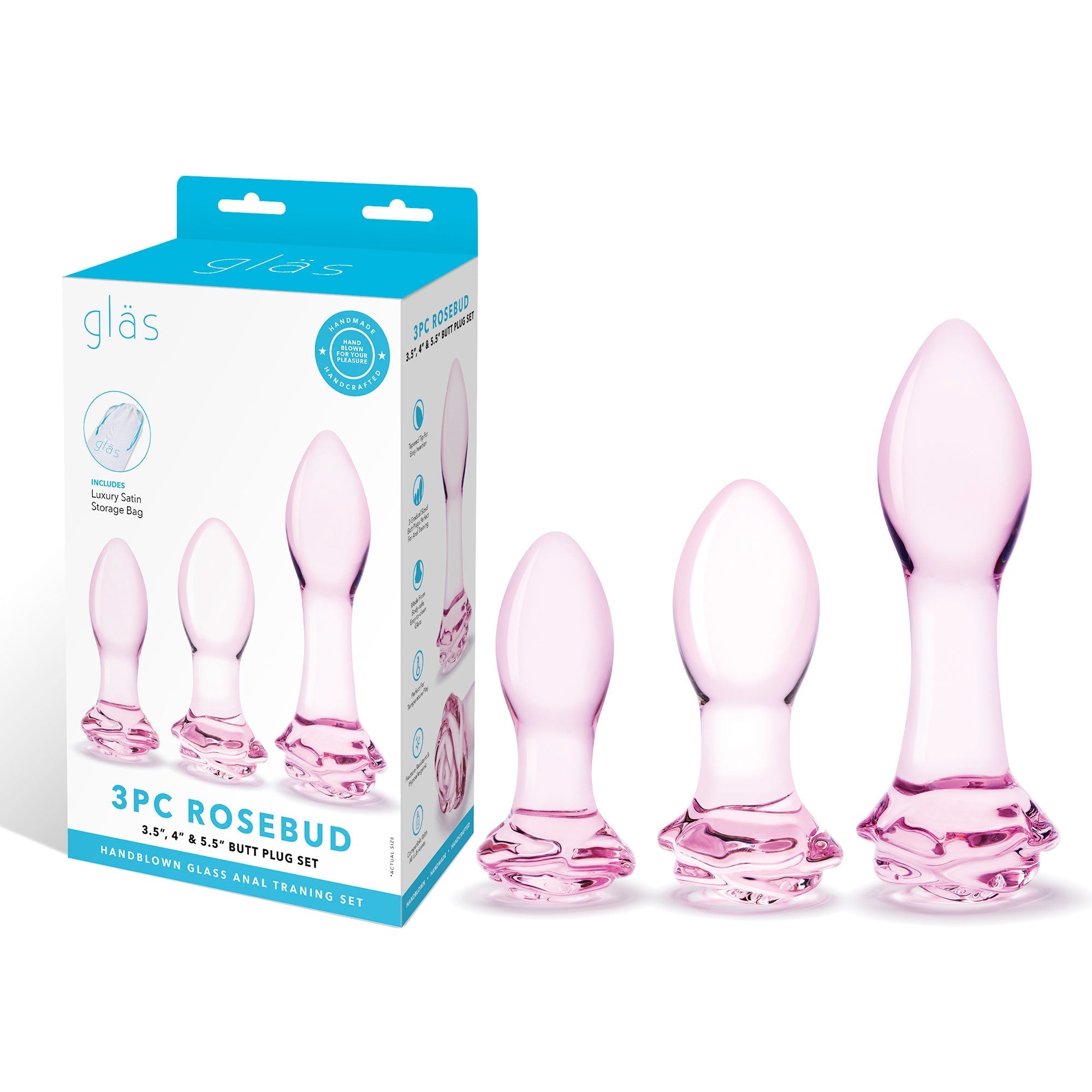 Glas 3pc Rosebud Butt Plug Set