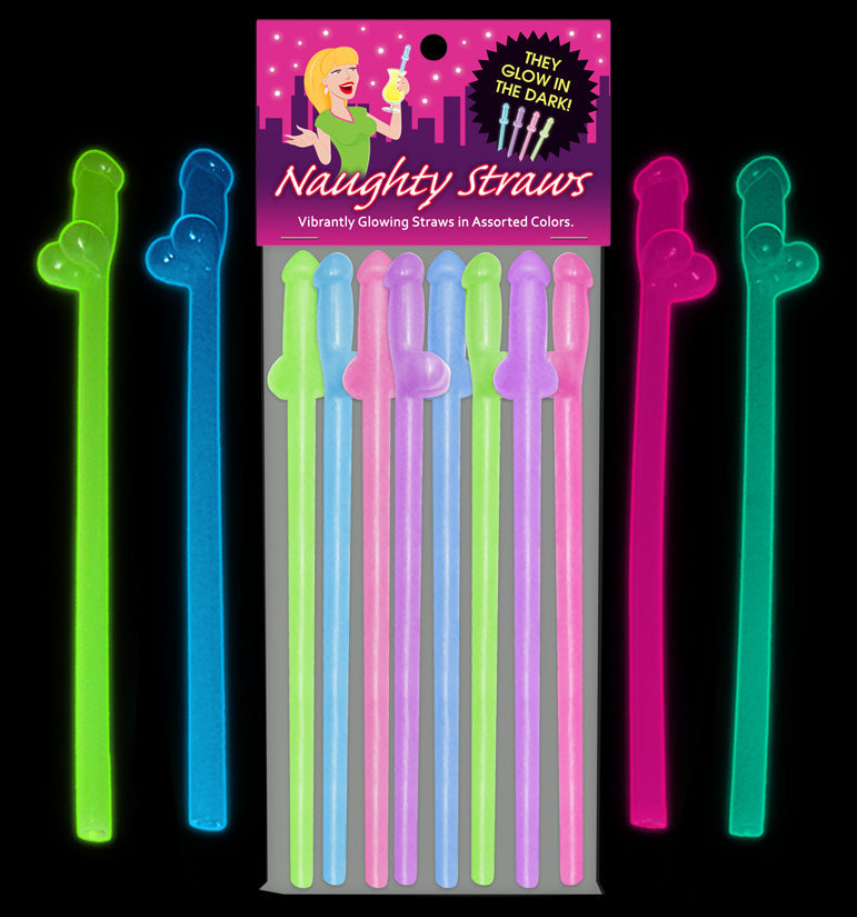 Glow In The Dark Penis Straws - Asst. Colors Pack Of 8