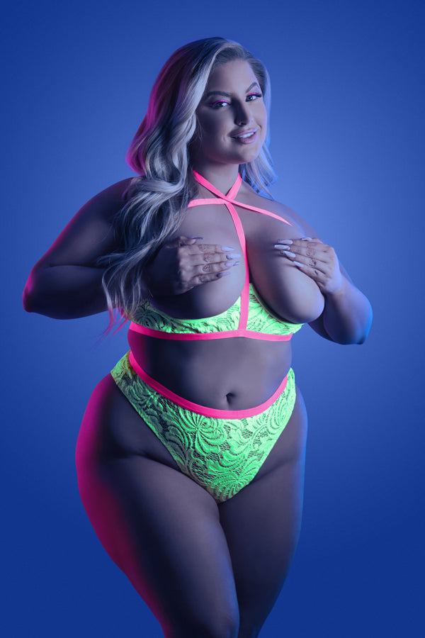 Glow Persuasive Contrast Bra & Panty Neon Green Queen/Small