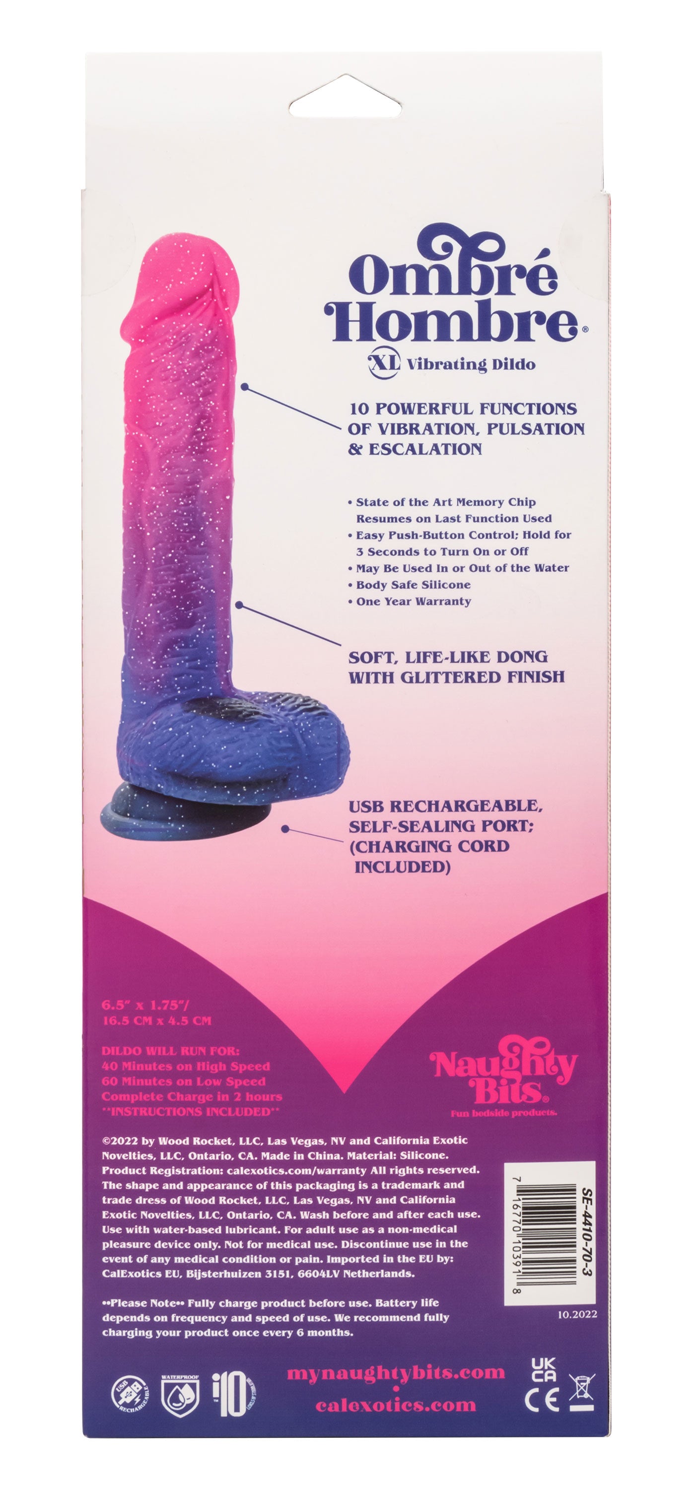 Naughty Bits Ombre Hombre XL Vibrating Dildo - - Pink/purple