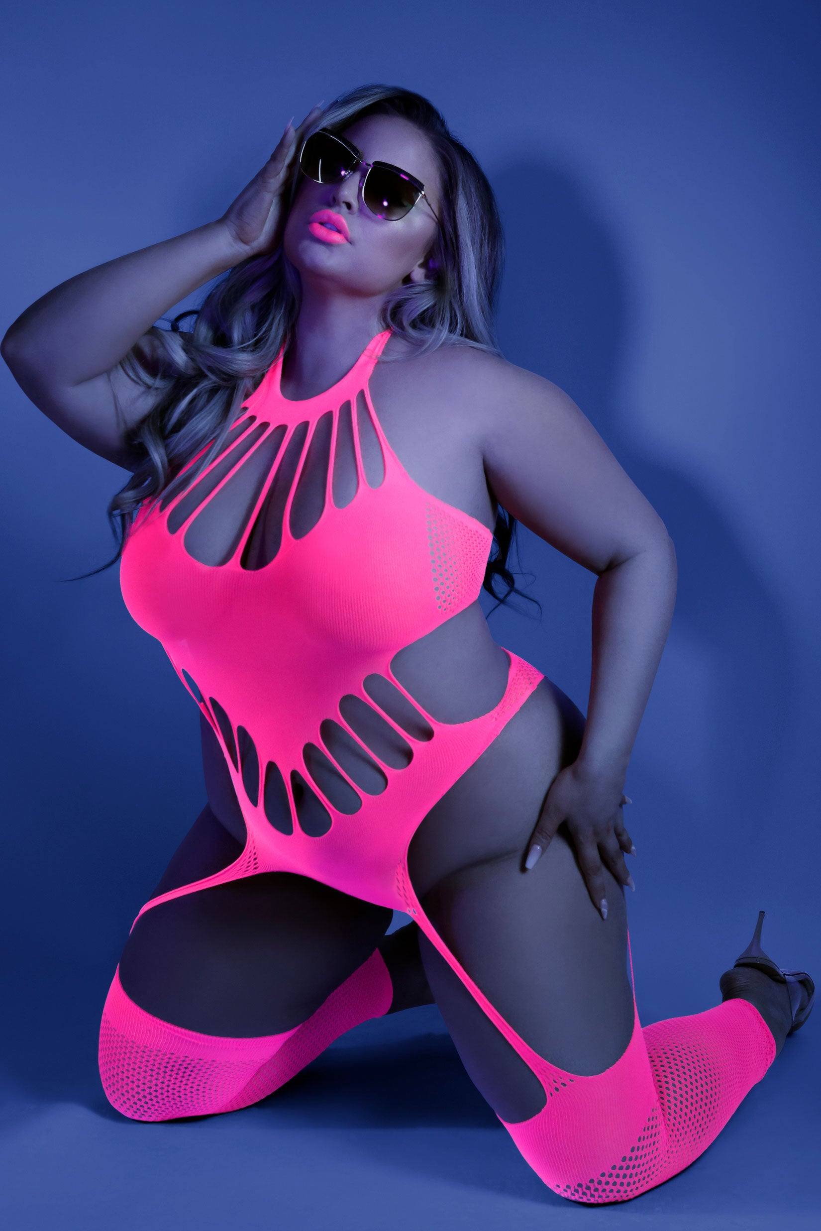 No Promises Teddy Bodystocking - One Size - Neon Pink