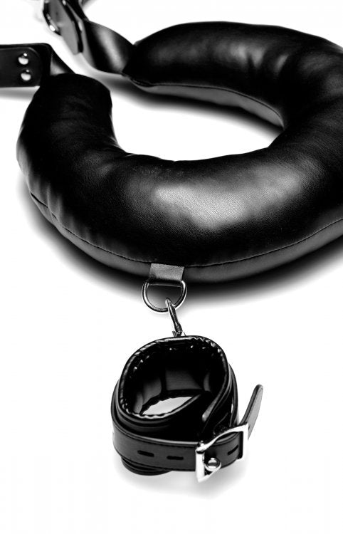 Padded Thigh Sex Sling in Black Faux Leather with Wrist Cuffs by Strict
