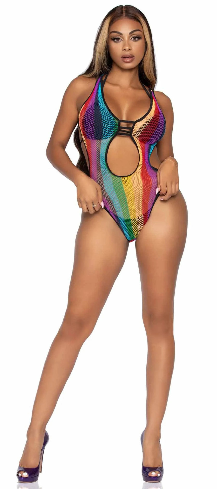 Rainbow Fishnet Cut Out Bodysuit With Strappy Bikini Back - One Size - Multicolor