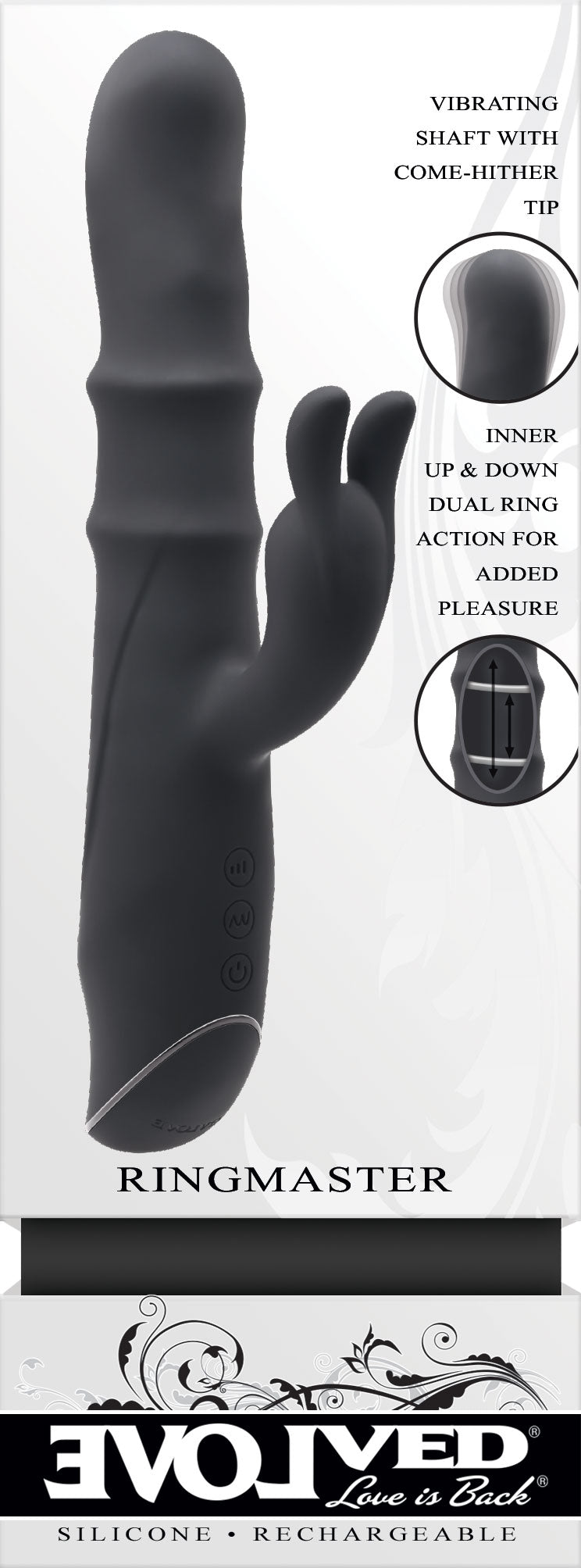 Ringmaster Rechargeable Ringed Rabbit Vibrator - Black