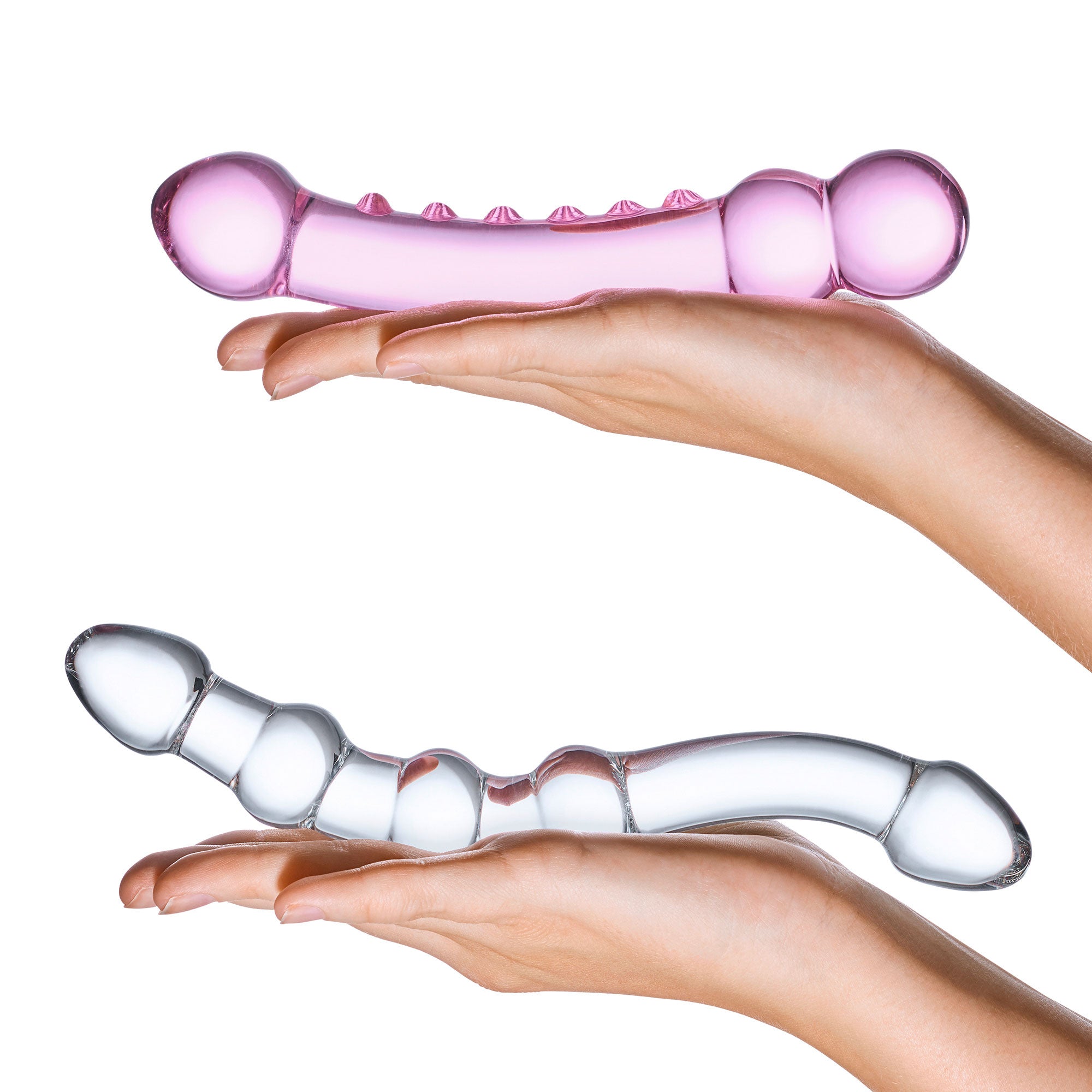 2 Pc Double Pleasure Glass Dildo Set in Pink/Clear by Glas