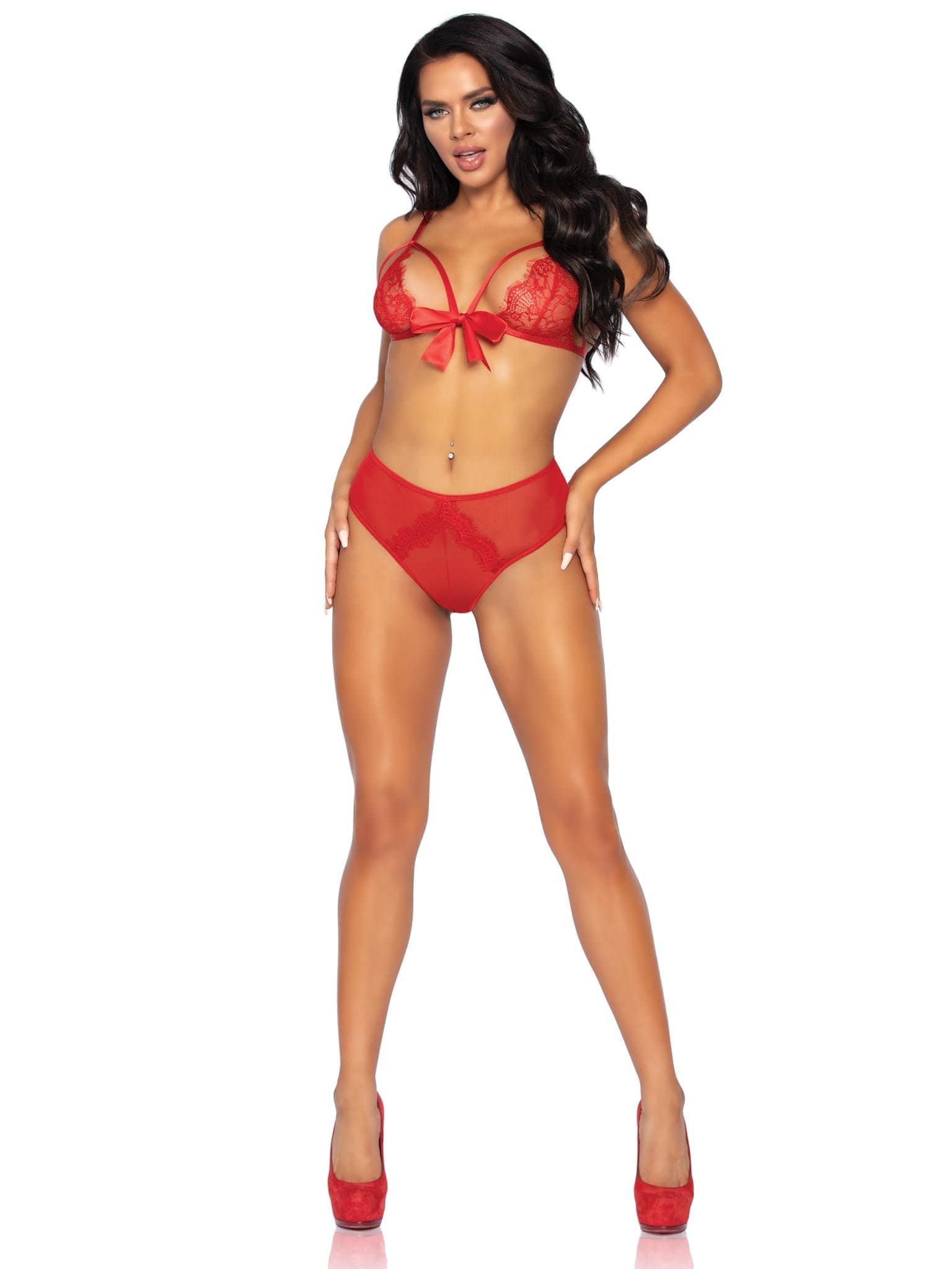 2 Pc. Lace Bralette and Ribbon Tie Crotchless Panty - One Size - Red