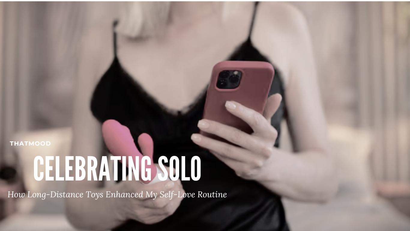 A cinematic image of a woman holding a vibrator and a smart phone