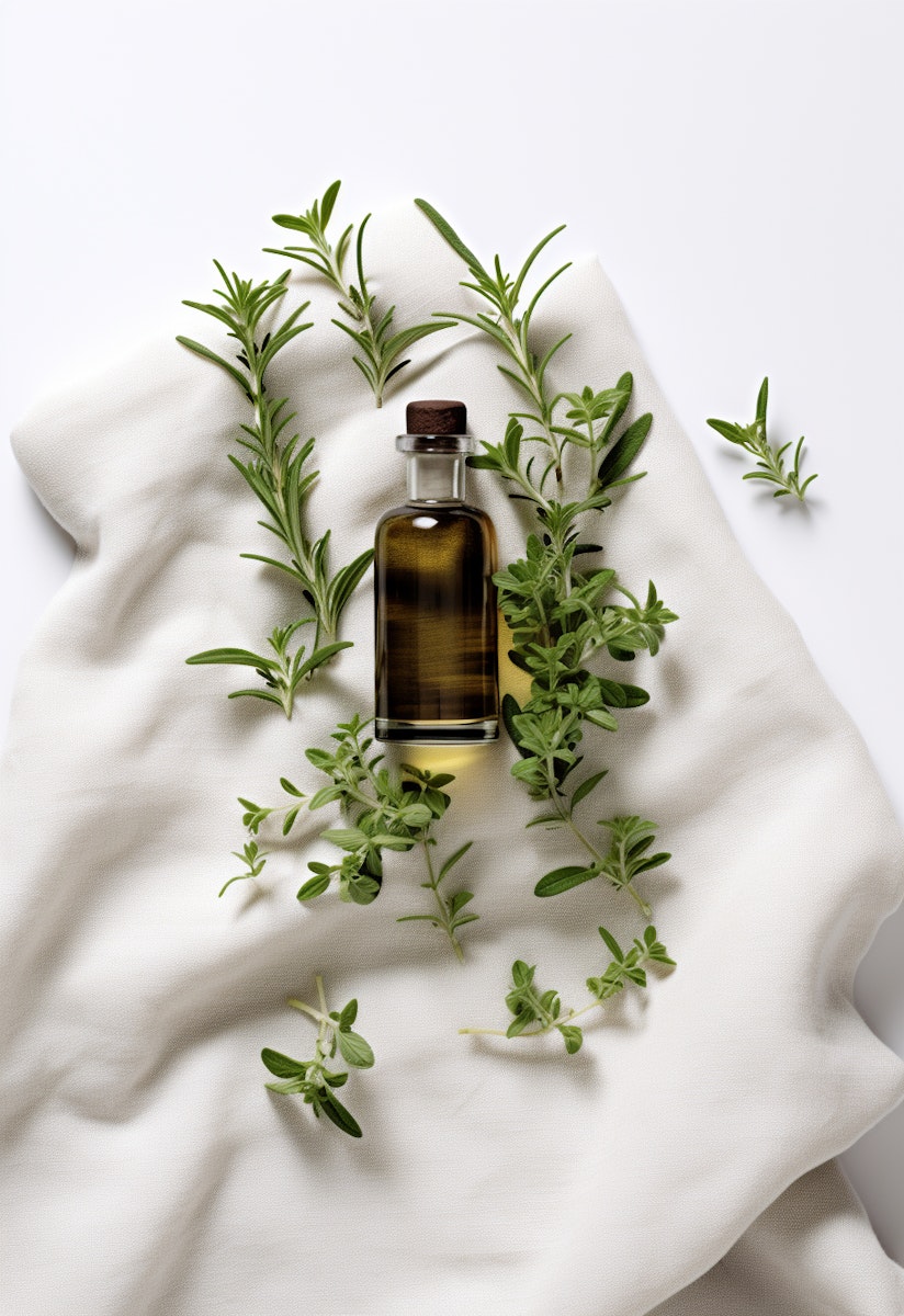 Organic lubricant on a white sheet surrounded with rosemary