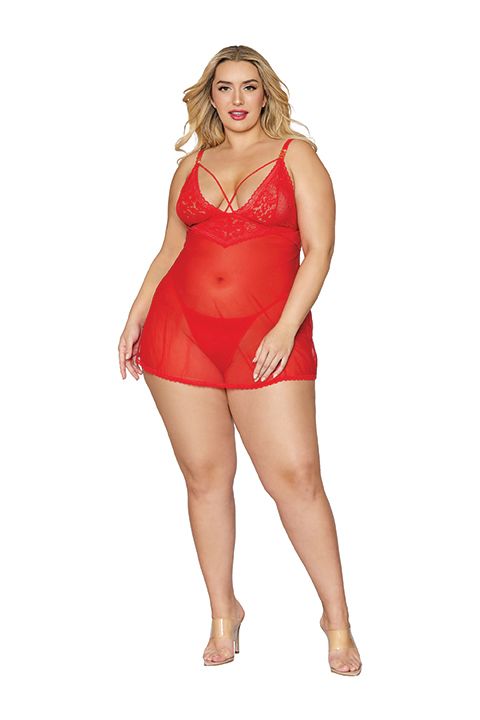 Lace & Mesh Babydoll & G- String Set Lipstick Red Q/s