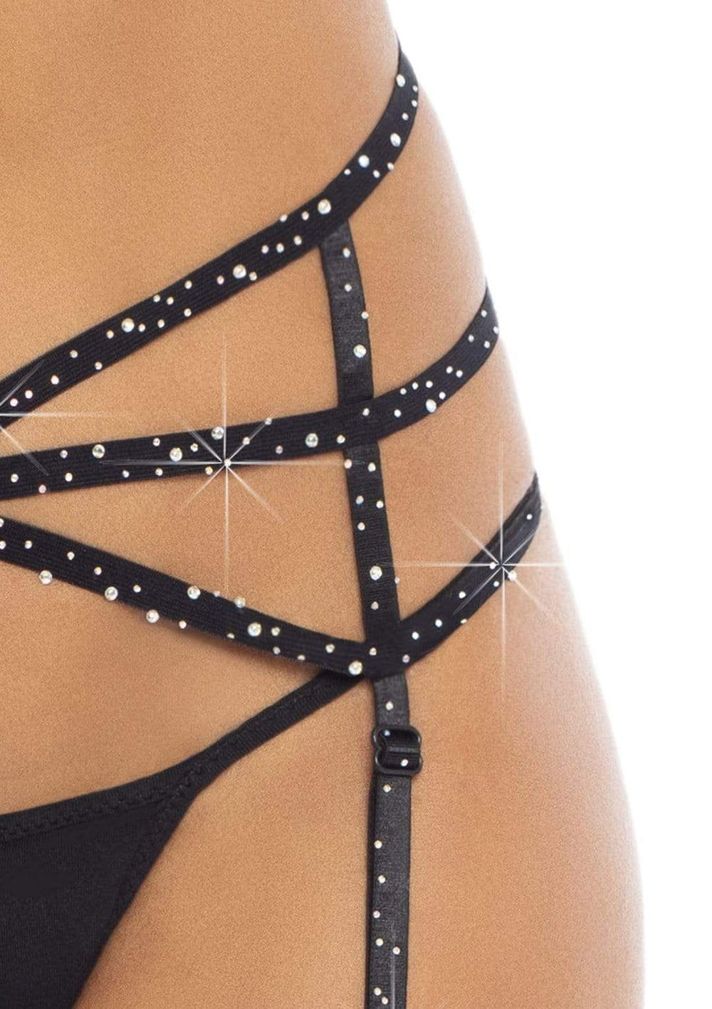 Strappy Elastic Rhinestone Garter - Black - One  Size