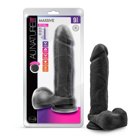 Au Naturel Bold Massive Realistic 9-Inch Long Dildo With Balls & Suction Cup Base - Black