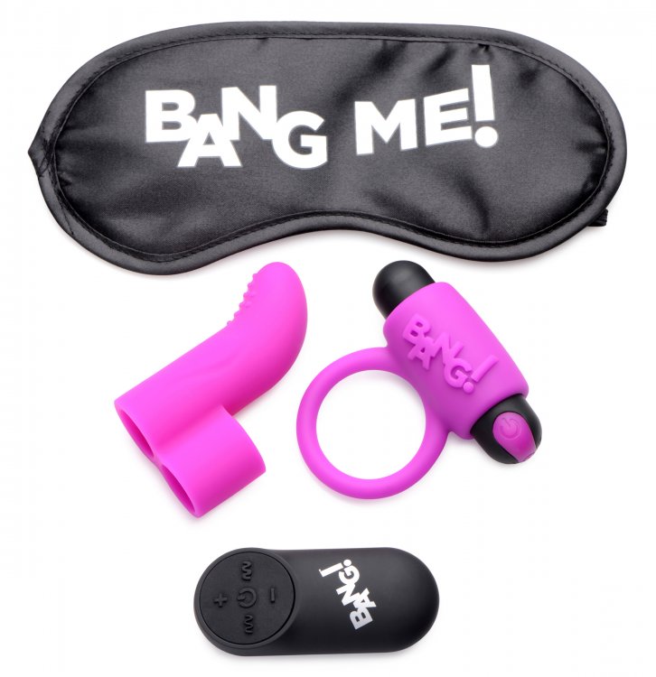 Bang! Couple's Love Ring Finger Vibrator Bullet & Blindfold Kit in Purple