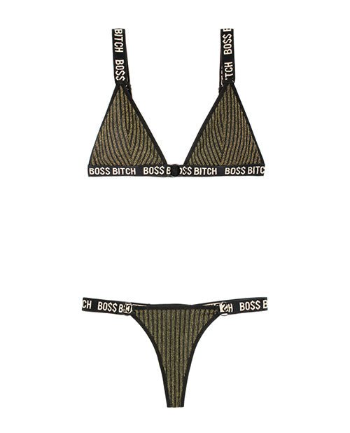 Boss Bitch Bralette and Thong Panty Set - Black / Gold -