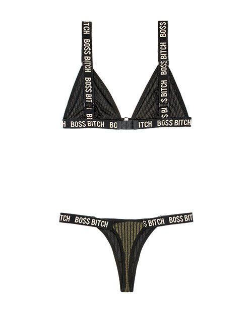 Boss Bitch Bralette and Thong Panty Set - Black / Gold -