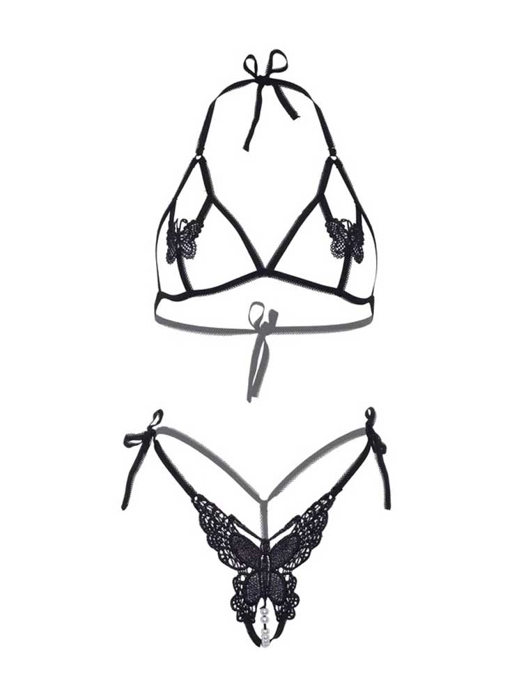 Butterfly Bra and Panty Set - One Size - Black