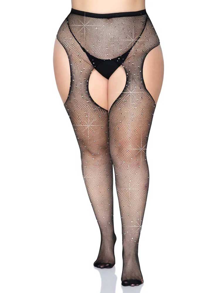 Casey Rhinestone Fishnet Suspender Pantyhose - - Black Queen