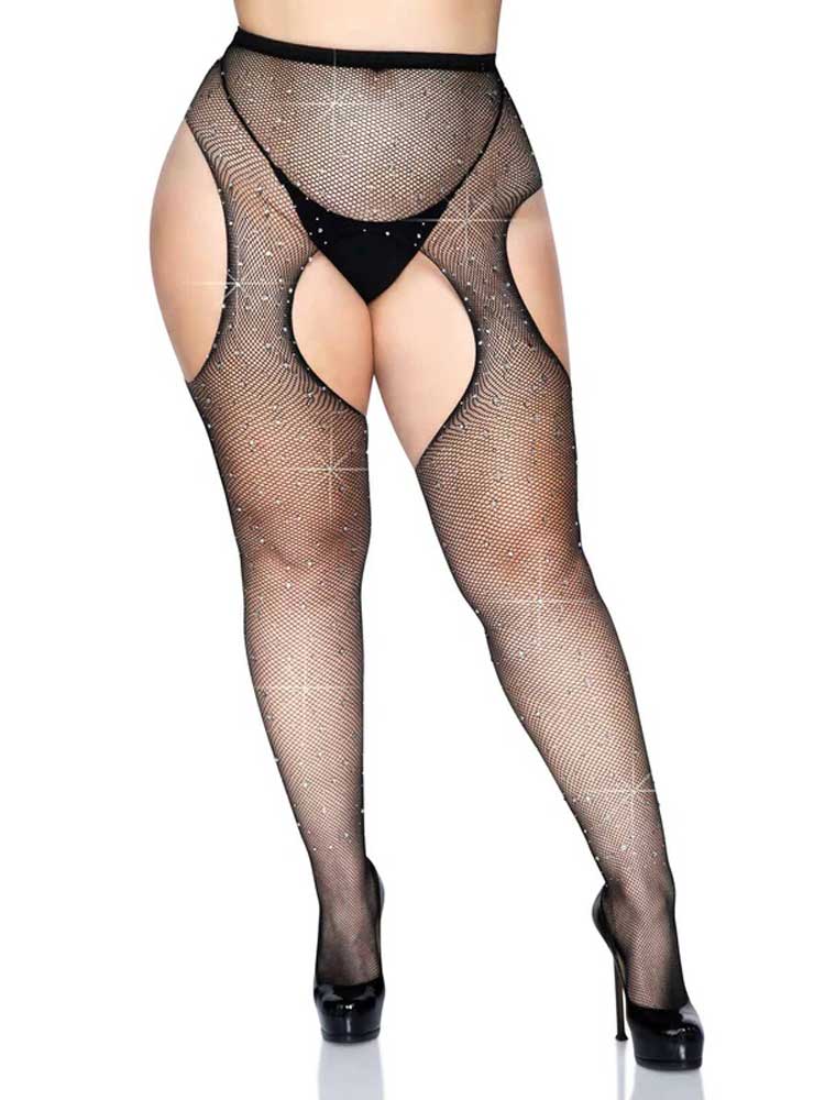 Casey Rhinestone Fishnet Suspender Pantyhose - - Black Queen