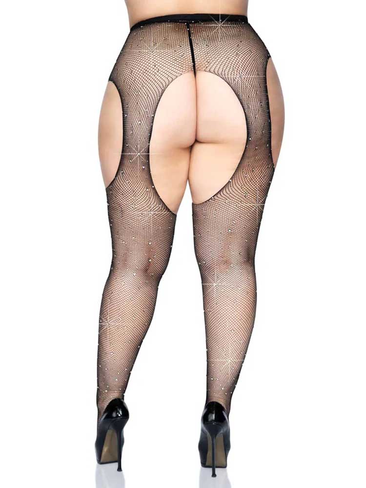 Casey Rhinestone Fishnet Suspender Pantyhose - - Black Queen