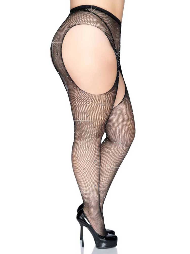 Casey Rhinestone Fishnet Suspender Pantyhose - - Black Queen