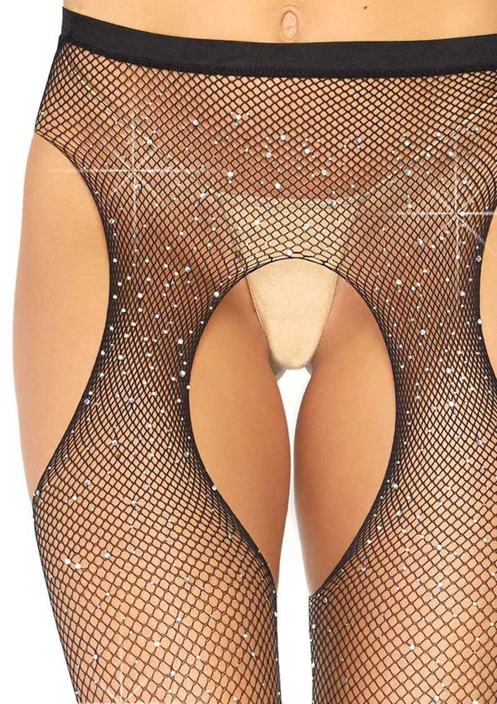 Casey Rhinestone Fishnet Suspender Pantyhose - One Size -