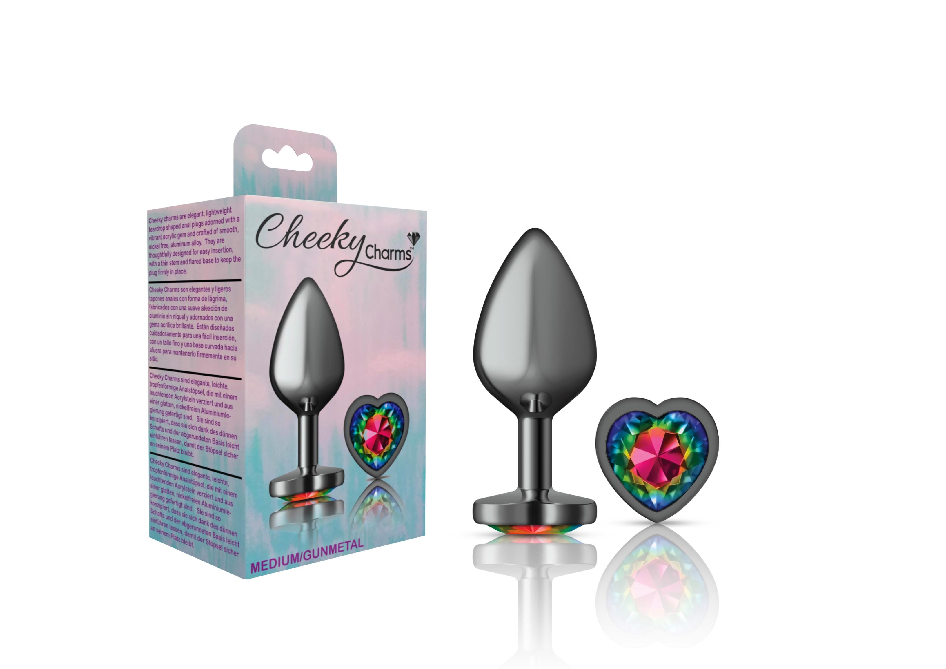 Cheeky Charms Heart Rainbow Gunmetal Butt Plug Medium