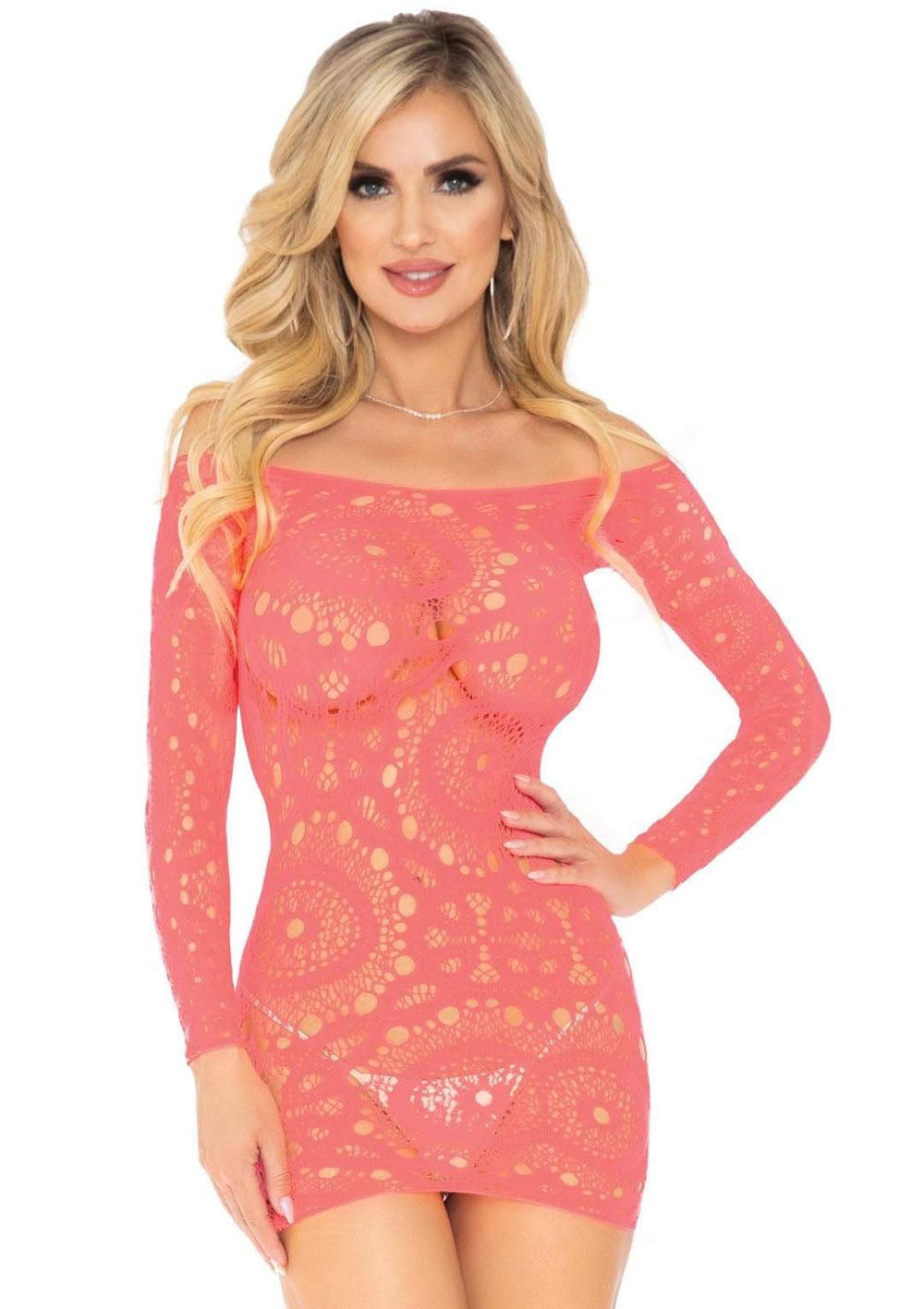 Crochet Lace Long Sleeve Mini Dress - Coral - One Size