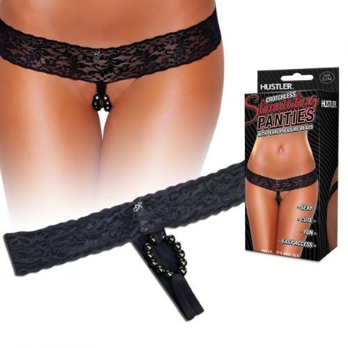 Crotchless Stimulating Panties W Pearl Beads Black Small/Medium