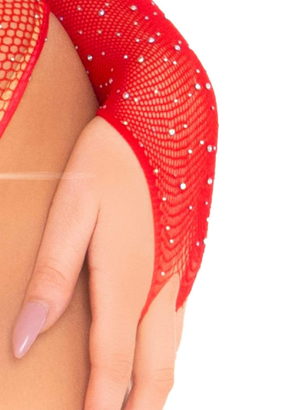 Crystalized Long Sleeve Fishnet Thong Back Bodysuit - One Size.