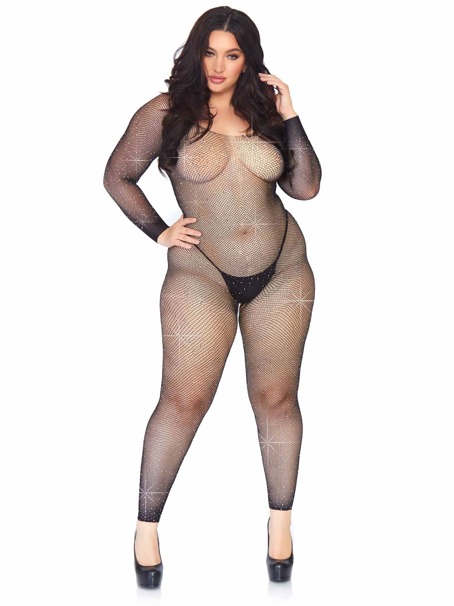 Crystalized Seamless Fishnet Long Sleeved  Bodystocking - 1x/2x - Black