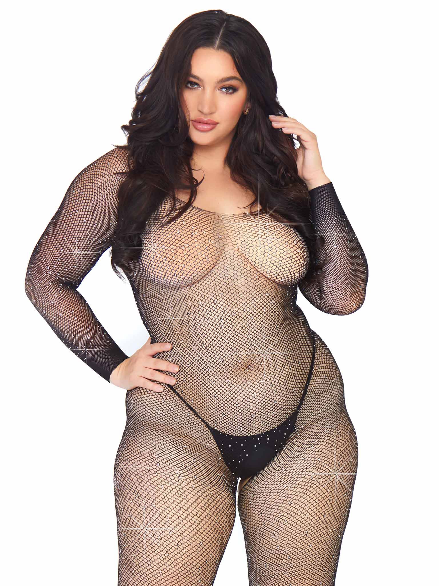 Crystalized Seamless Fishnet Long Sleeved  Bodystocking - 1x/2x - Black