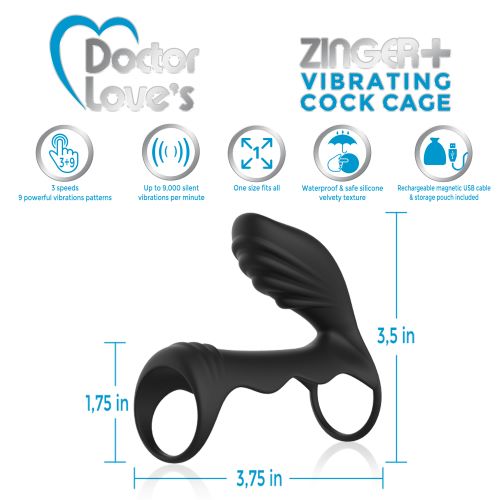 Doctor Love Zinger+ Vibrating Rechargeable Cock Cage Black