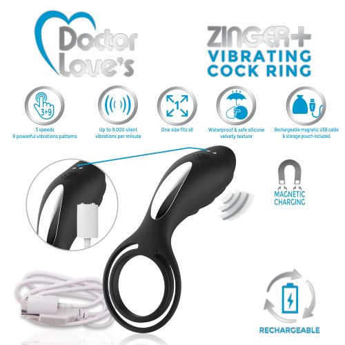 Doctor Love Zinger+ Vibrating Rechargeable Cock Ring Black