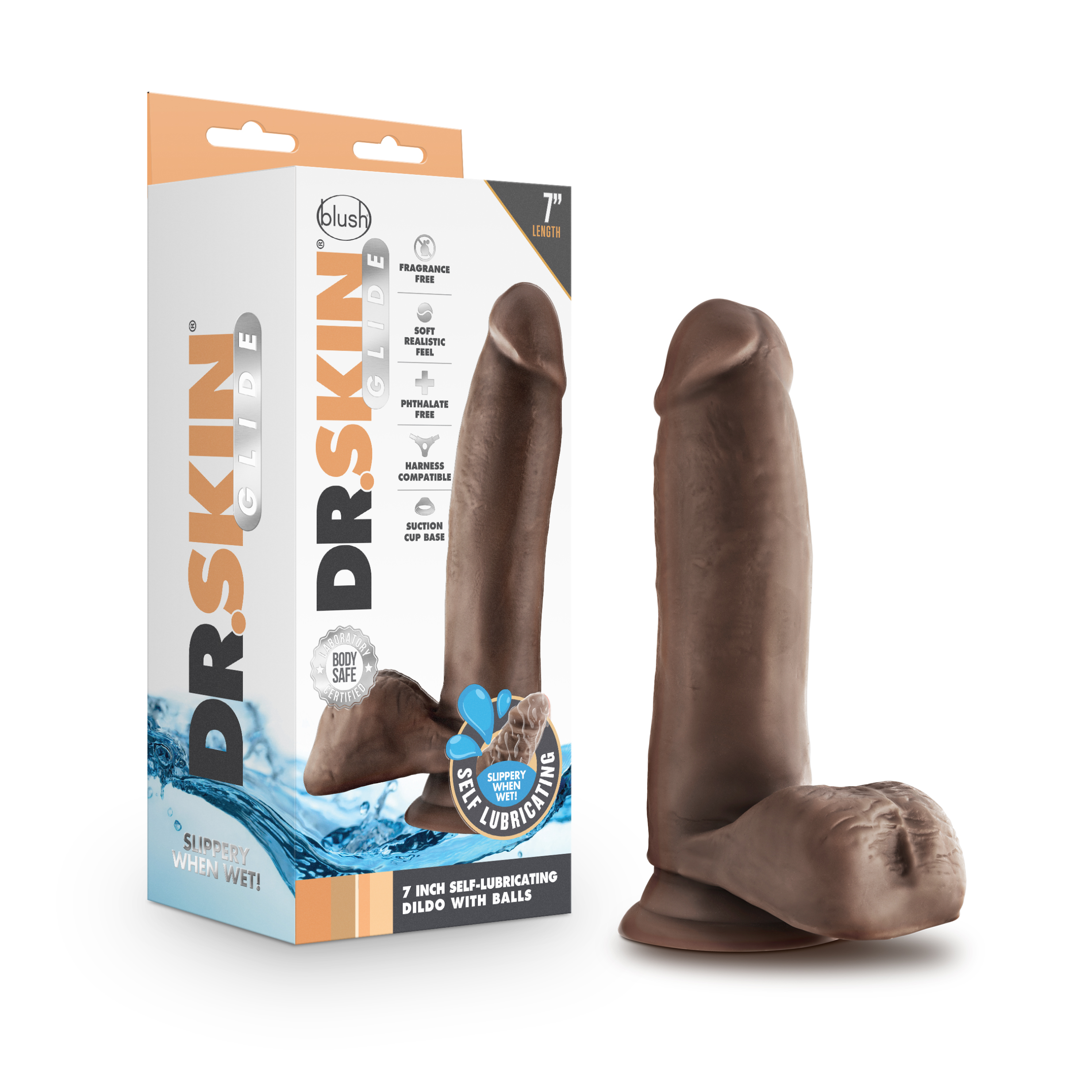 Dr. Skin Glide - 7 Inch Self Lubricating Dildo  With Balls - Chocolate Chocolate