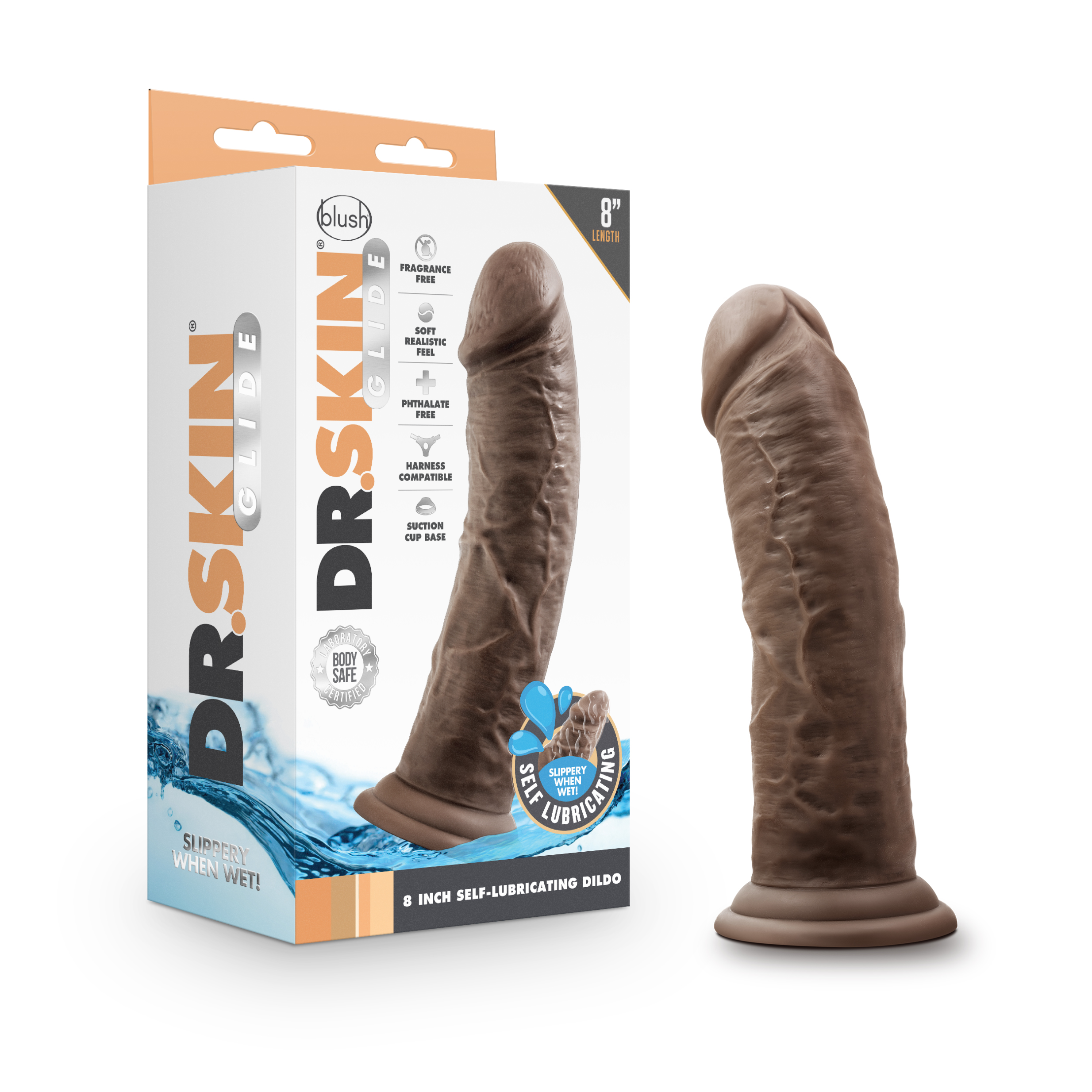 Dr Skin Glide 8in Self Lubricating Dildo Chocolate Chocolate