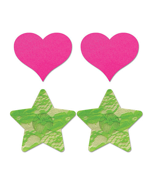 Fantasy Uv Reactive Neon Heart & Lace Star Pasties - Pink & Green O/s Pack  Of 2