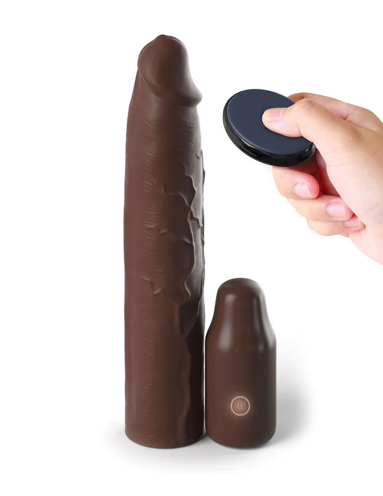 Fantasy X-Tensions Elite 9 Inch Sleeve Vibrating 3 Inch Plug With Remote Brown