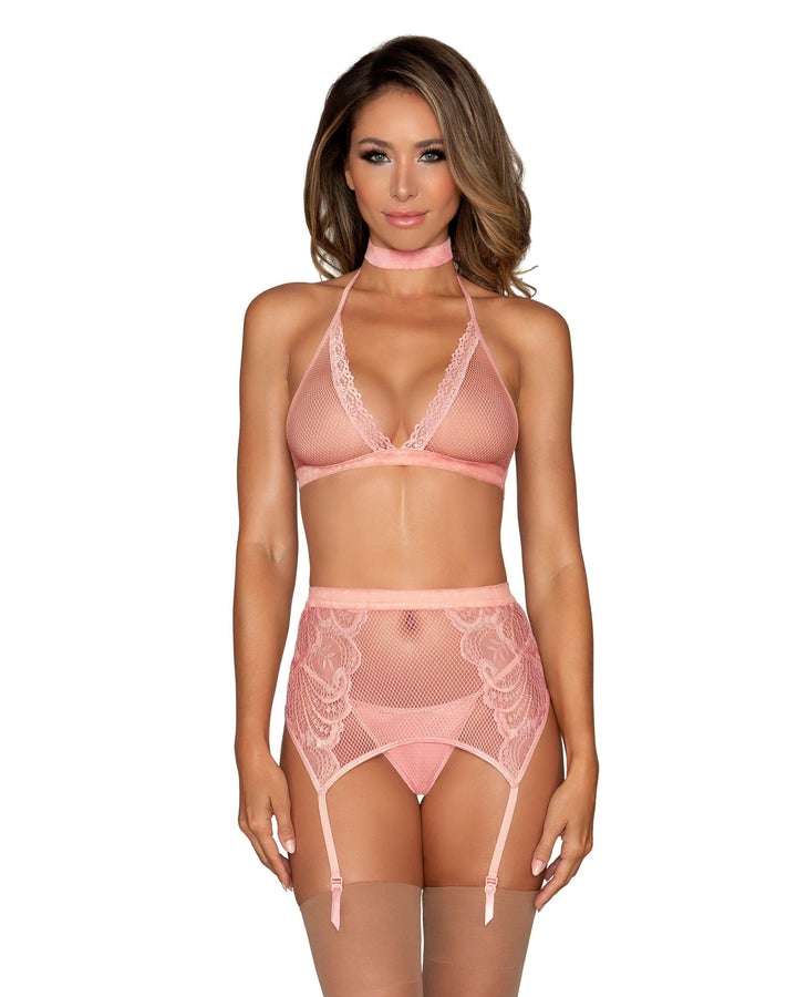 Fishnet & Lace 4pc Set W/ Stretch Velvet Trim Rose Pink