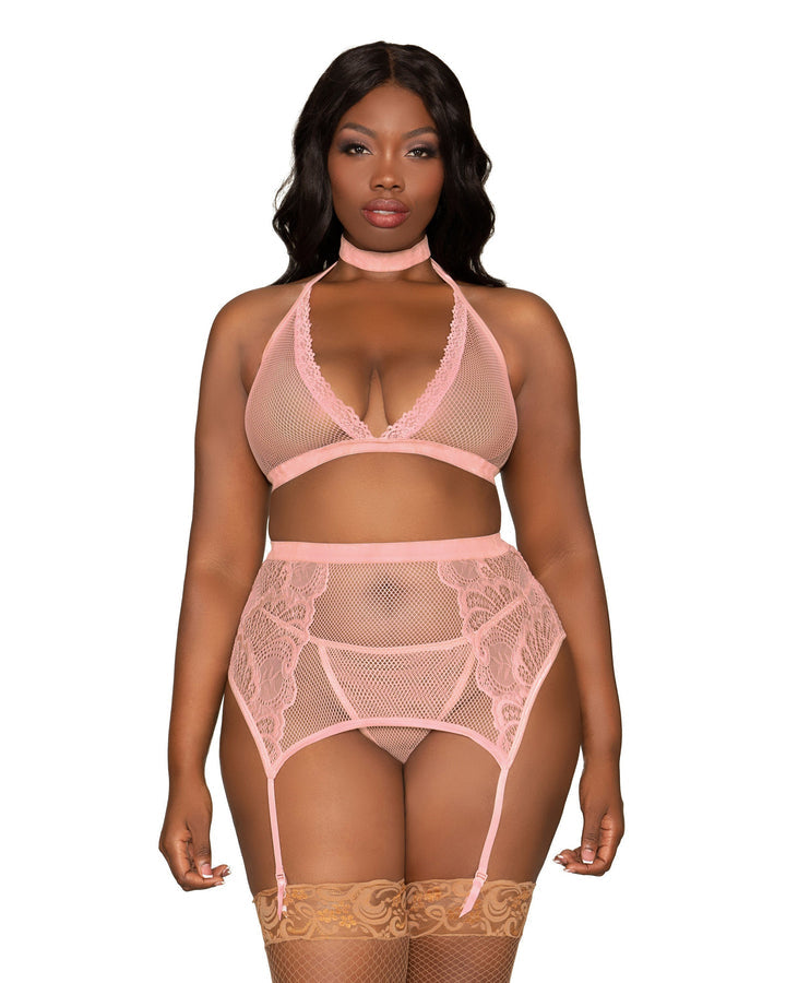 Fishnet & Lace 4pc Set W/ Stretch Velvet Trim Rose Pink