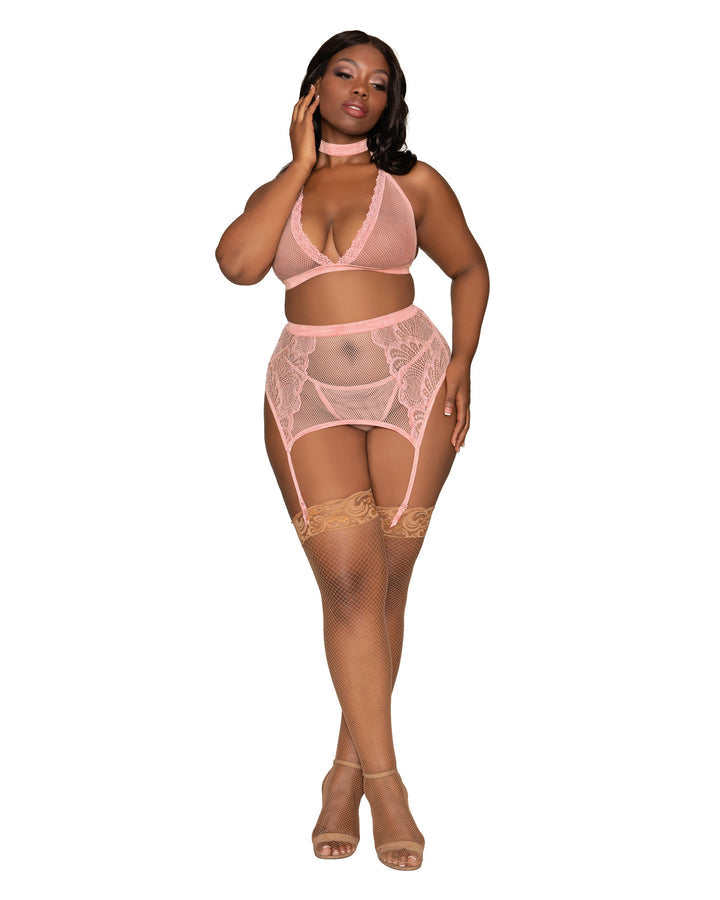 Fishnet & Lace 4pc Set W/ Stretch Velvet Trim Rose Pink