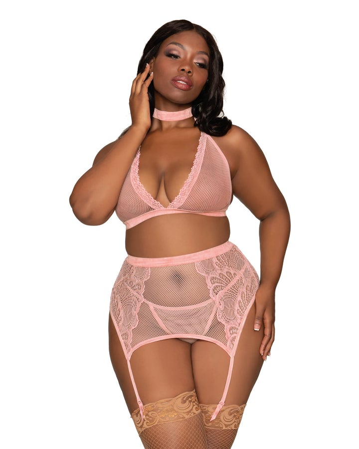 Fishnet & Lace 4pc Set W/ Stretch Velvet Trim Rose Pink Queen/ Small