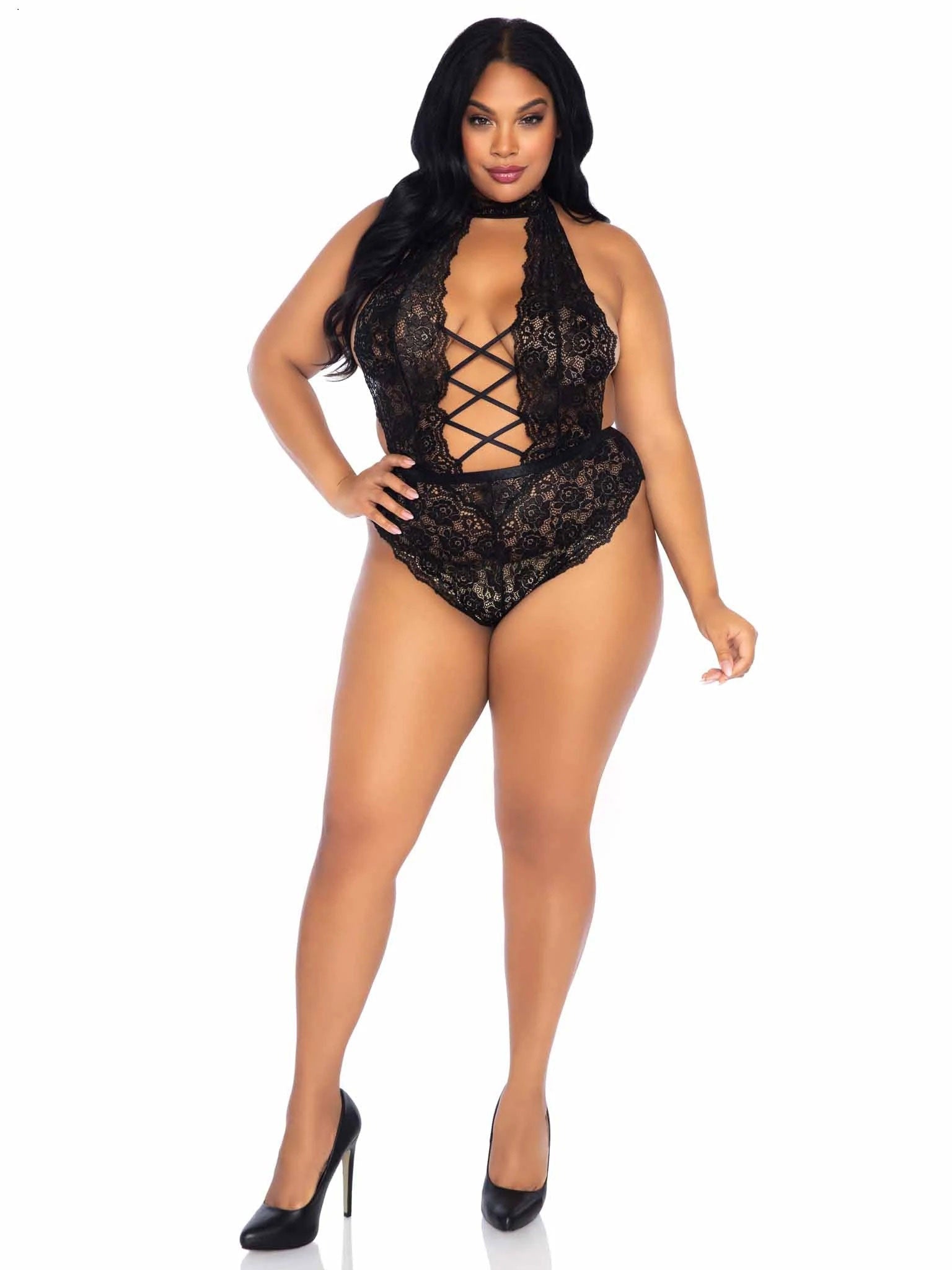 Floral Lace Crotchless Teddy - 1x/2x Black