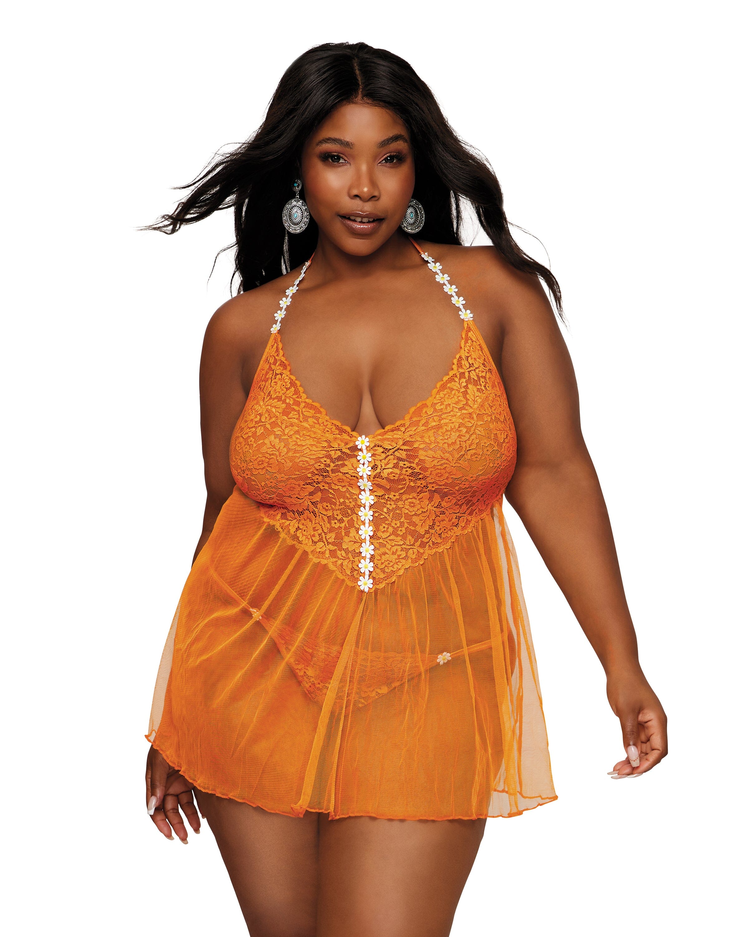 Floral Lace & Mesh Babydoll W/ White Daisy Trim Tangerine Queen/Size