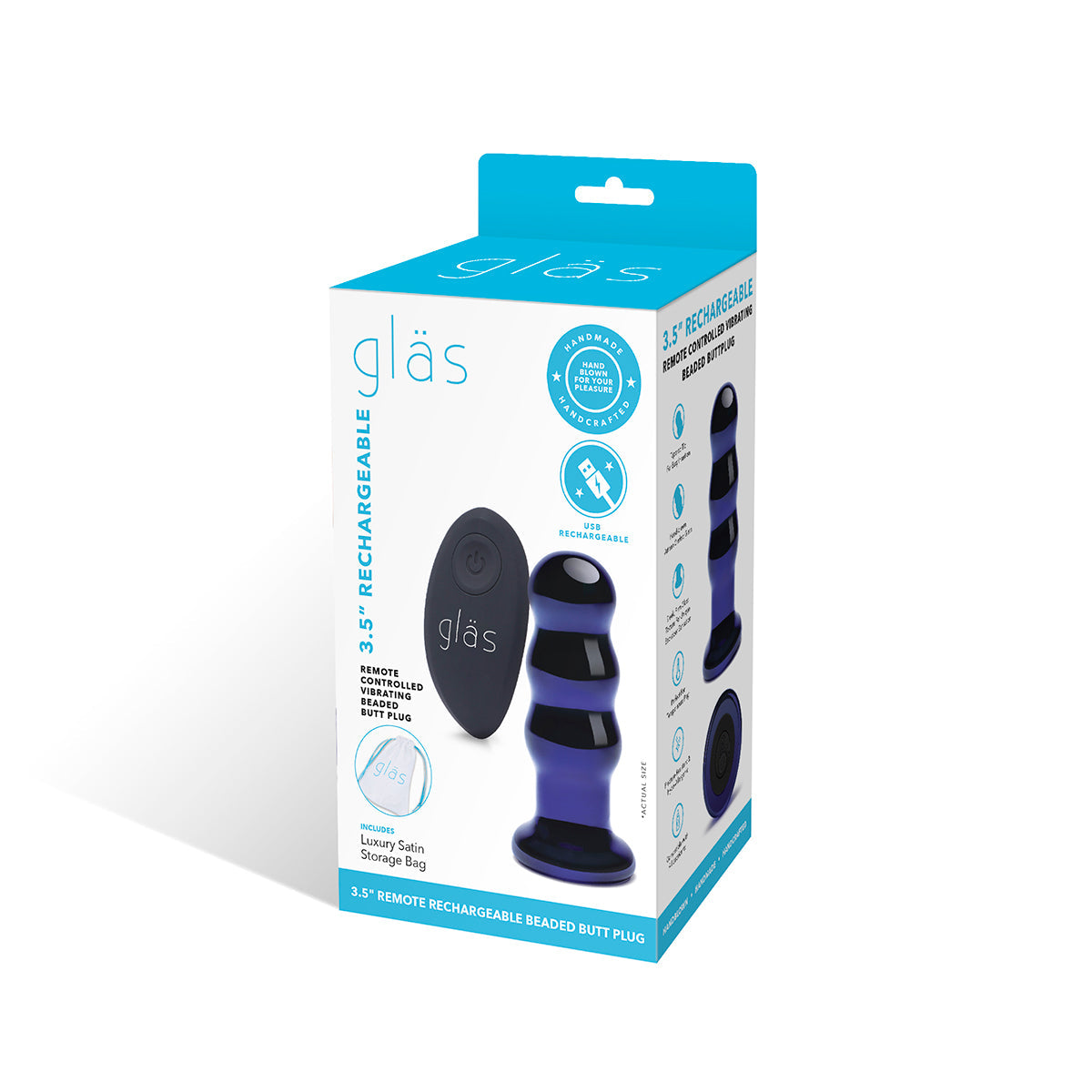 Glas 3.5" Rechargeable Vibrating Beaded Butt Plug - Blue