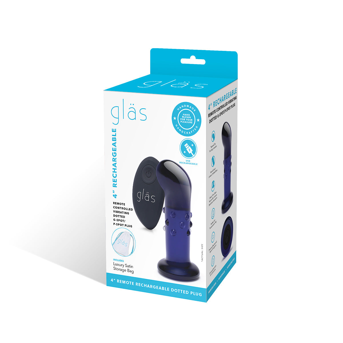 Glas 4" Rechargeable Vibrating Dotted G-Spot/p Spot Plug - Blue