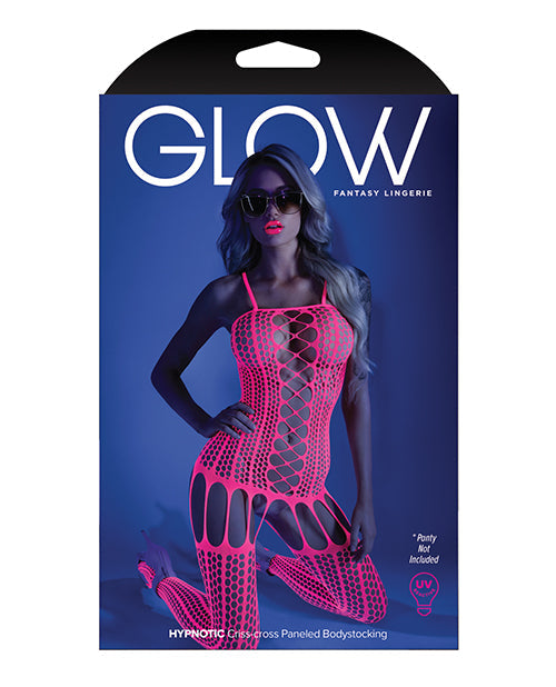 Glow Black Light Criss Cross Paneled Body Stocking Neon Pink O/s