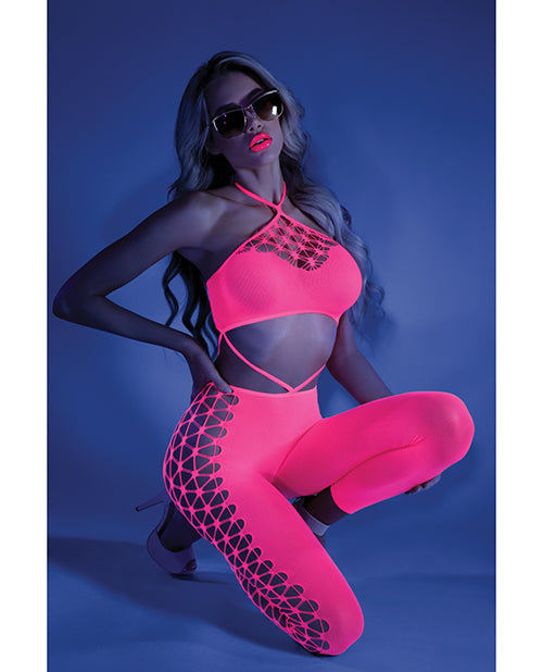 Glow Black Light Cropped Cutout Halter Body Stocking Neon Pink O/s