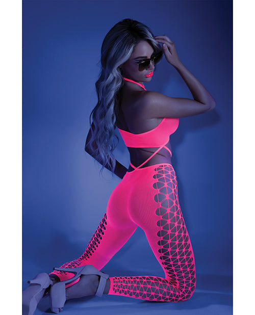 Glow Black Light Cropped Cutout Halter Body Stocking Neon Pink O/s